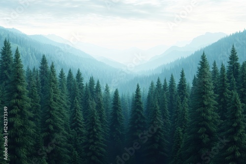 Serene Green Pine Forest Landscape with Mountain Background