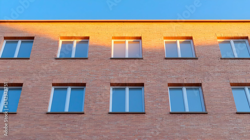Symmetrical brick building facade with rows of glass windows illuminated by warm golden hour sunlight against a clear blue sky.