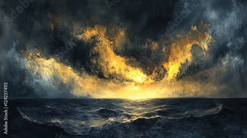 A dramatic oil-textured stormy sky with deep grays and streaks of vibrant yellow