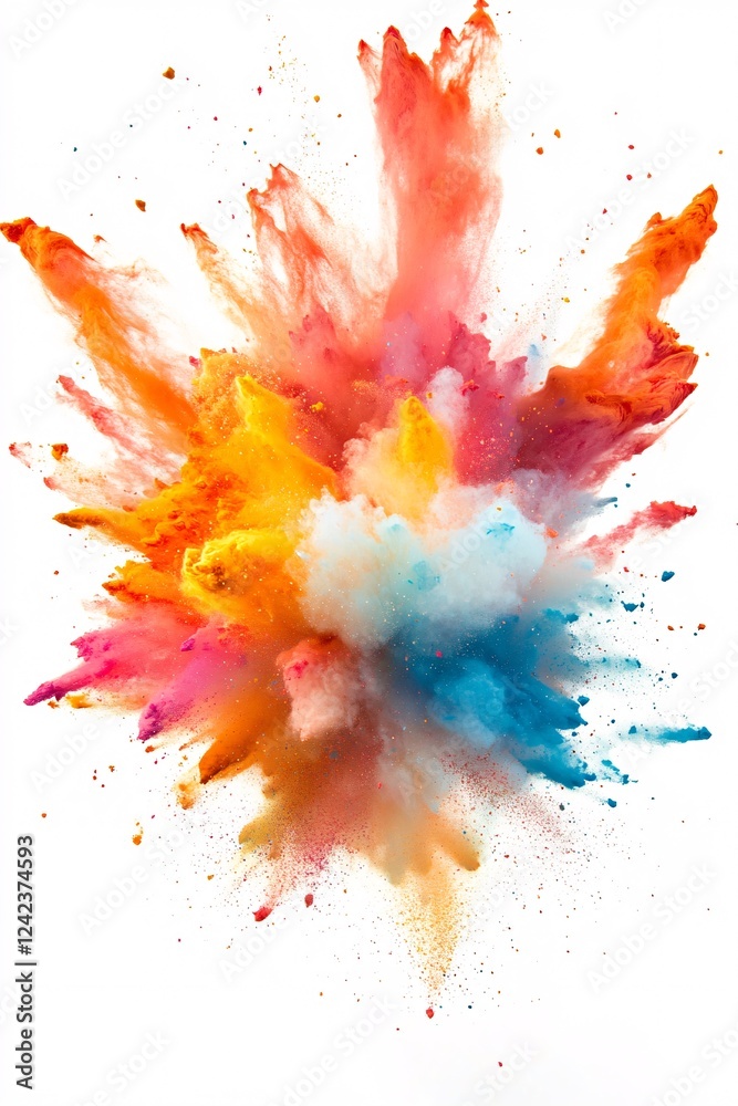 Vibrant explosion of colorful powder against a white backdrop creates a mesmerizing display Vibrant explosion of colorful powder against a white backdrop creates a mesmerizing display