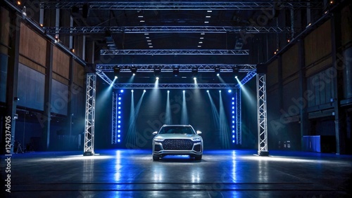 Futuristic Car in Dramatic Lighting Display within Spacious Industrial Warehouse Setting