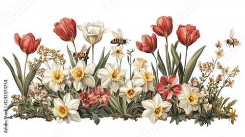 Colorful Spring Flower Arrangement with Bees and Blossoms in a Natural Design
