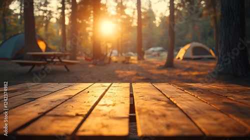 Serene Outdoor Camping Scene Under Warm Sunset Sky in Forested Landscape photo