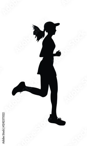 A silhouette of a woman running with determination, wearing a cap and athletic attire. The dynamic pose captures the energy and motion of a runner in mid-stride