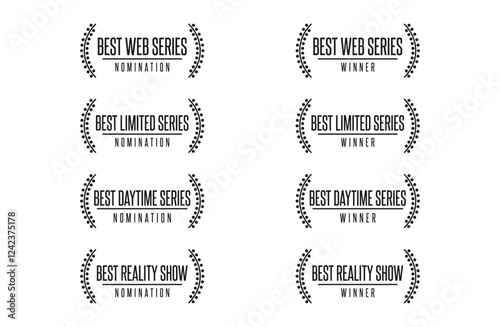 TV award best show, series nomination and winner isolated icons. Limited, daytime, web series, reality show. Laurel vector logo set