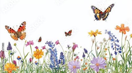 Colorful Butterflies amidst Wildflowers in a Vibrant Natural Landscape