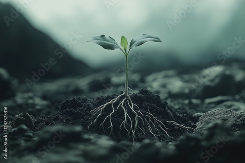 Resilience: A Tiny Sprout's Fight for Life Amidst the Rocky Terrain photo