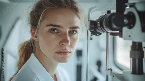 Focused Scientist Observing Microscopic Samples through High-Quality Microscope in a Modern Laboratory Setting Capturing the Essence of Scientific Discovery and Exploration in Action photo