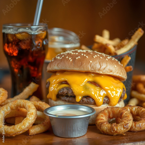 Delicia grasienta: hamburguesa doble con queso y una montaña de papas fritas photo