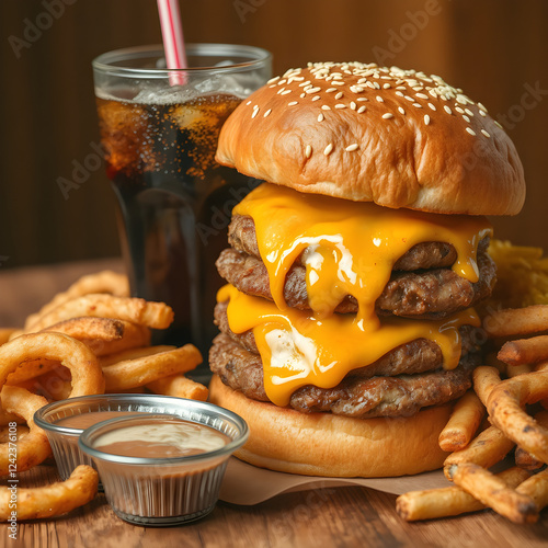 Hamburguesa suculenta con carne jugosa, pan dorado y aderezos frescos photo