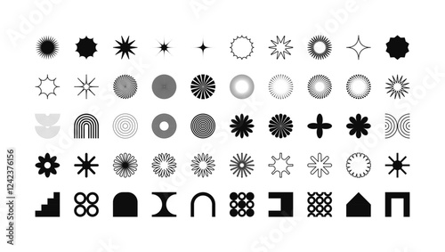 Brutalist geometric shapes, modern symbols. Simple primitive elements and forms. Retro design, trendy contemporary minimalist style, y2k. Vector illustration