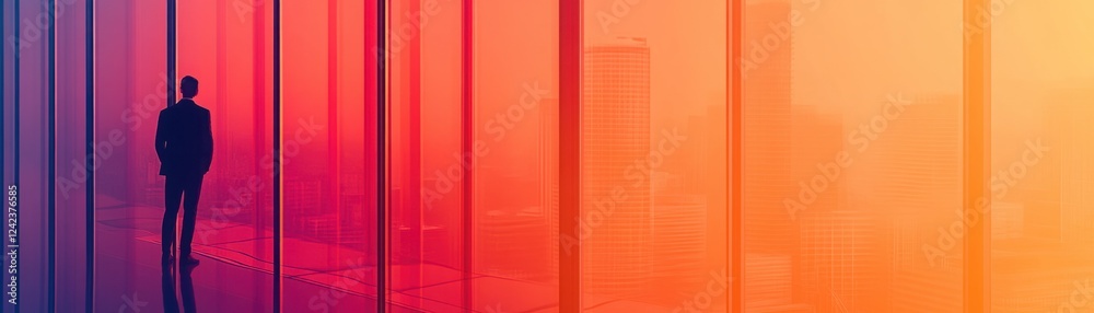 Fototapeta premium Silhouette of Businessman Inside Modern Office with Colorful Glass Walls Overlooking a Vibrant Cityscape at Sunset