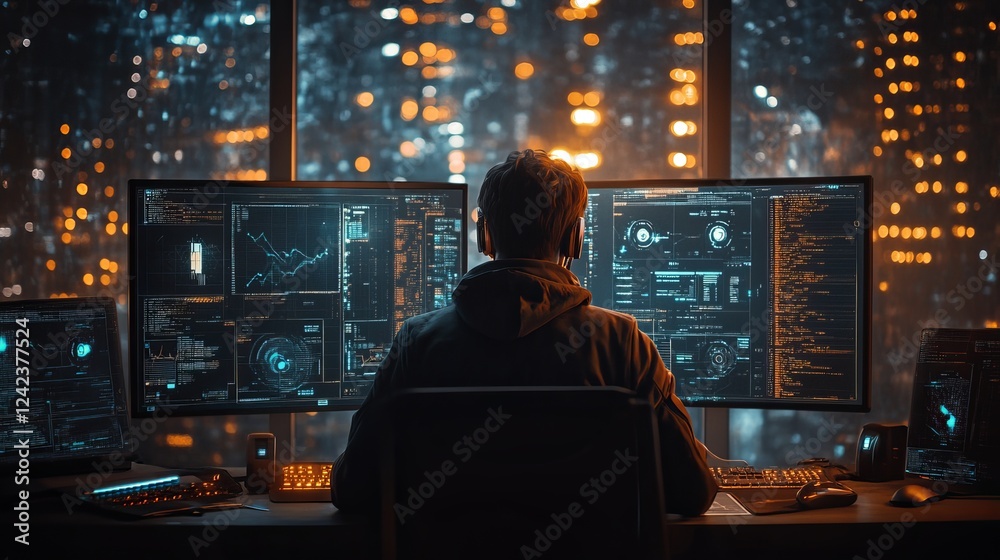 Focused Man Working at Modern Desk Surrounded by Two High Definition Monitors in a Bright and Organized Office Space Reflecting Productivity and Concentration in a Professional Setting Focused Man Working at Modern Desk Surrounded by Two High Definition Monitors in a Bright and Organized Office Space Reflecting Productivity and Concentration in a Professional Setting