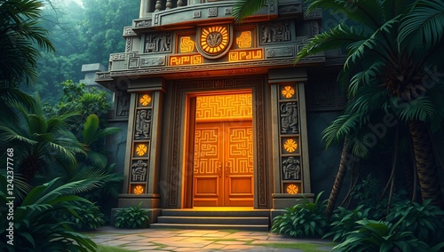 Golden Glyphs on Mayan Temple Doorway – A Mayan stone gateway with glowing golden runes, shrouded in the dense jungle, awaiting discovery