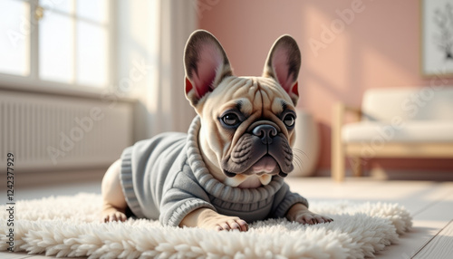 French Bulldog in Gray Loungewear Relaxing at Home photo