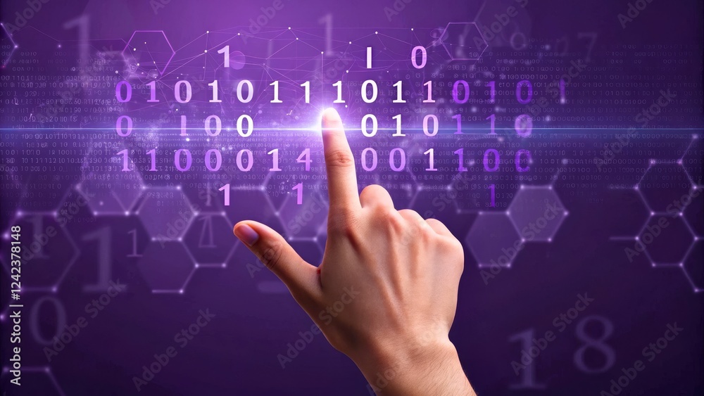 Hand Interacting with Digital Binary Code and Abstract Background in Purple Tone Hand Interacting with Digital Binary Code and Abstract Background in Purple Tone