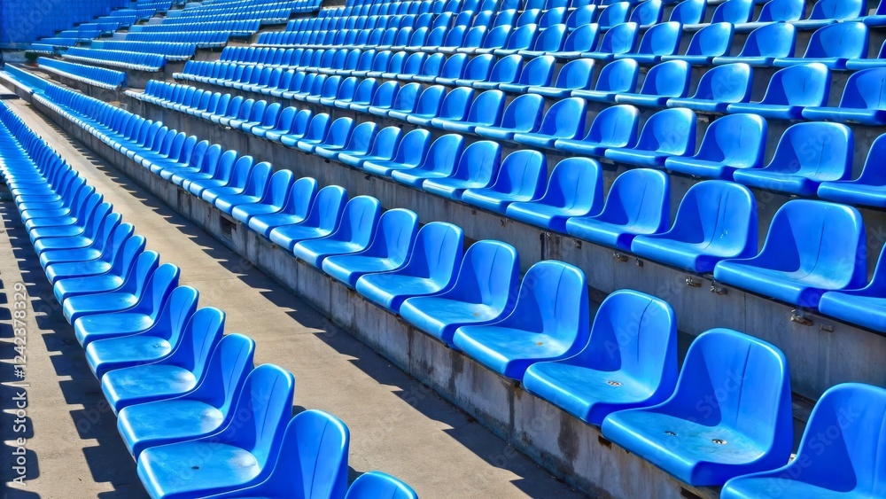 Naklejka premium Rows of Empty Blue Stadium Seats in a Brightly Lit Outdoor Arena Setting