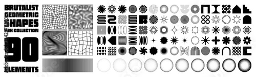 Brutalist geometric shapes, modern symbols. Groovy checkered pattern, distorted tiled grid. Simple elements, forms. Retro design, trendy contemporary minimalist style, y2k. Vector illustration