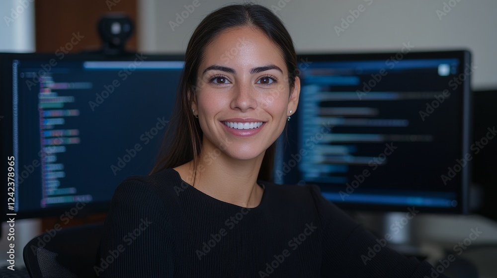 a woman working as an IT support representative. She is seated at a modern desk with a sleek computer setup a woman working as an IT support representative. She is seated at a modern desk with a sleek computer setup