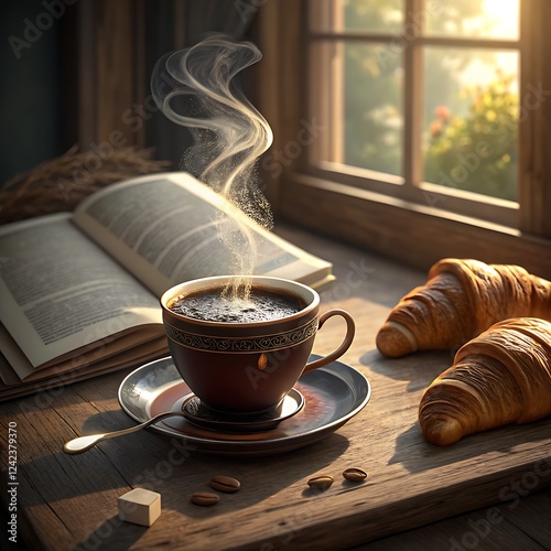 cup of coffee A steaming cup of freshly brewed coffee on a wooden table, accompanied by a croissant and an open book photo