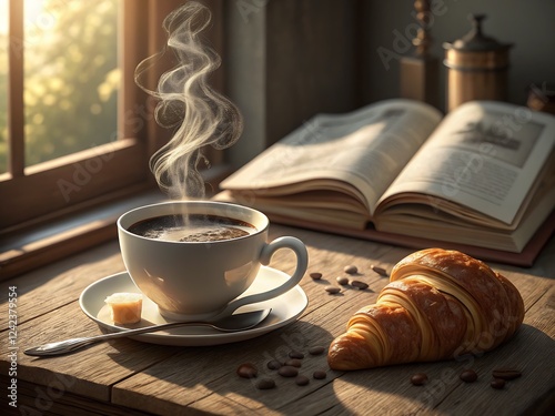 A steaming cup of freshly brewed coffee on a wooden table, accompanied by a croissant and an open book photo