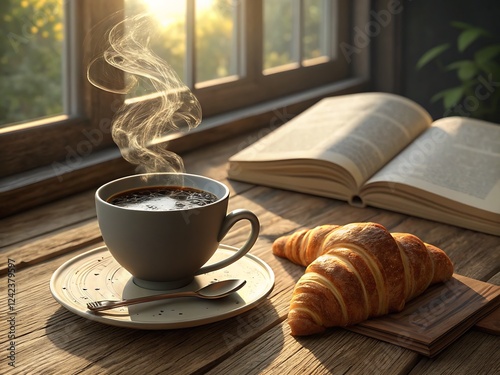 coffee and croissant A steaming cup of freshly brewed coffee on a wooden table, accompanied by a croissant and an open book photo