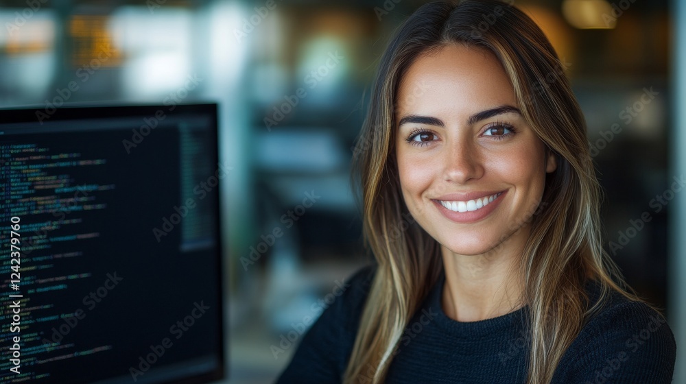 a woman working as an IT support representative. She is seated at a modern desk with a sleek computer setup a woman working as an IT support representative. She is seated at a modern desk with a sleek computer setup