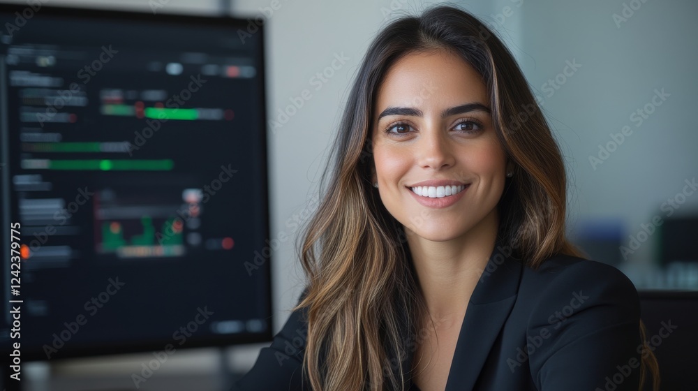 a woman working as an IT support representative. She is seated at a modern desk with a sleek computer setup a woman working as an IT support representative. She is seated at a modern desk with a sleek computer setup