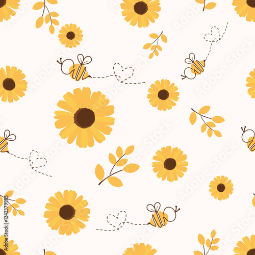 Seamless pattern with sunflower, bee cartoons and tree branches on   ivory color background vector.