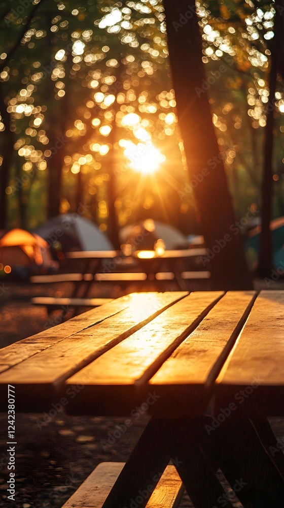 Tranquil Outdoor Camping Table Under Warm Sunlight in Serene Forest Landscape Tranquil Outdoor Camping Table Under Warm Sunlight in Serene Forest Landscape