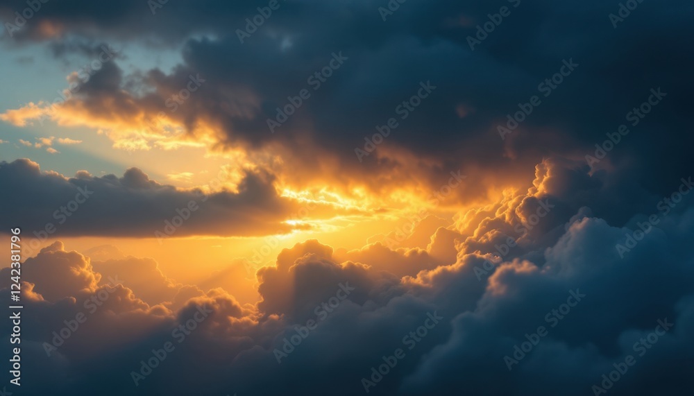 Dramatic sunset with golden light breaking through thick dark clouds Dramatic sunset with golden light breaking through thick dark clouds
