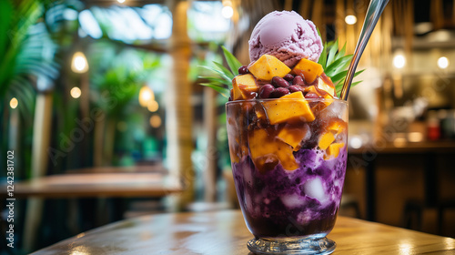 A large glass of Halo-Halo filled with shaved ice, purple sweet potato, nata de coco, red beans, and pieces of jackfruit, topped with ube ice cream that is starting to melt slightly. photo