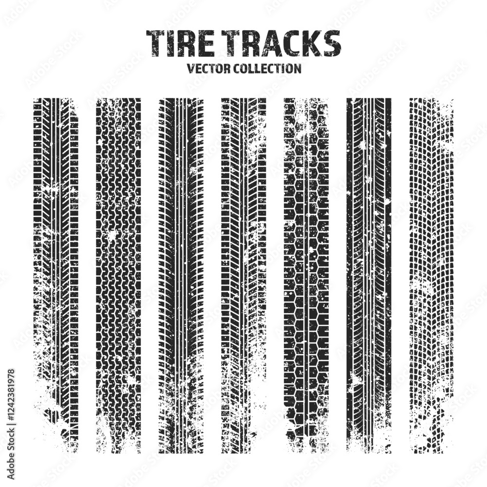 Grunge tire tracks, wheel braking marks. Truck, car or motorcycle tread pattern silhouettes. Auto race, motorsport, speed racing design element. Vector illustration