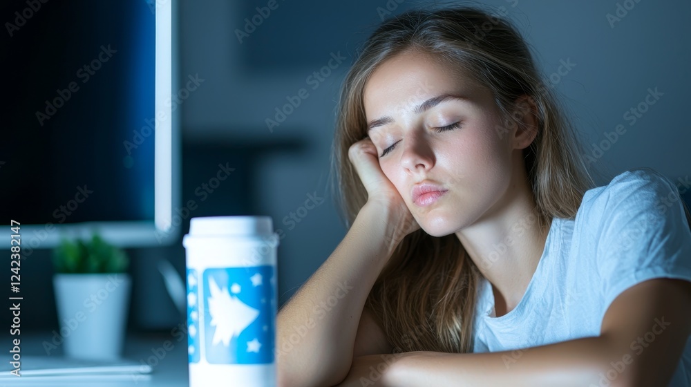 Exhausted Night Shift Worker with Dark Circles Drinking Energy Drink - Sleep Deprivation Symptoms Concept Exhausted Night Shift Worker with Dark Circles Drinking Energy Drink - Sleep Deprivation Symptoms Concept
