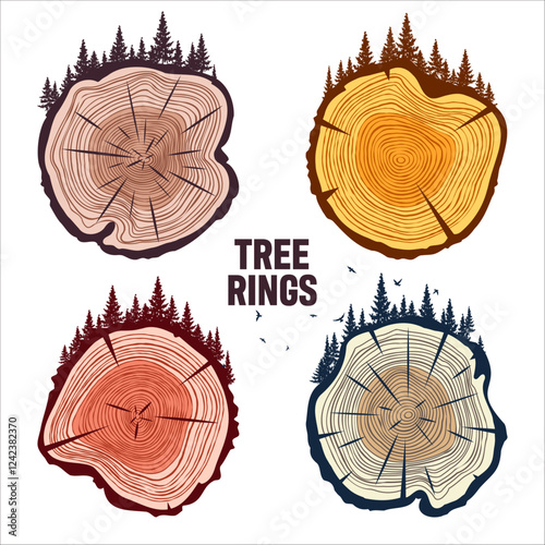 Round tree trunk cuts with trees, forest and birds. Sawn pine or oak slices, lumber. Saw cut timber, wood. Brown wooden texture with tree rings. Hand drawn sketch. Vector illustration