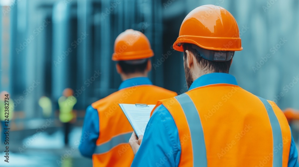 Construction Workers in Safety Gear Reviewing Plans at a Building Site Construction Workers in Safety Gear Reviewing Plans at a Building Site
