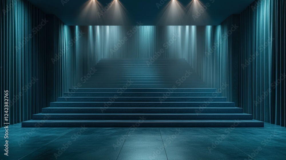Naklejka premium Lit stairway, dark room, smoky atmosphere, event backdrop