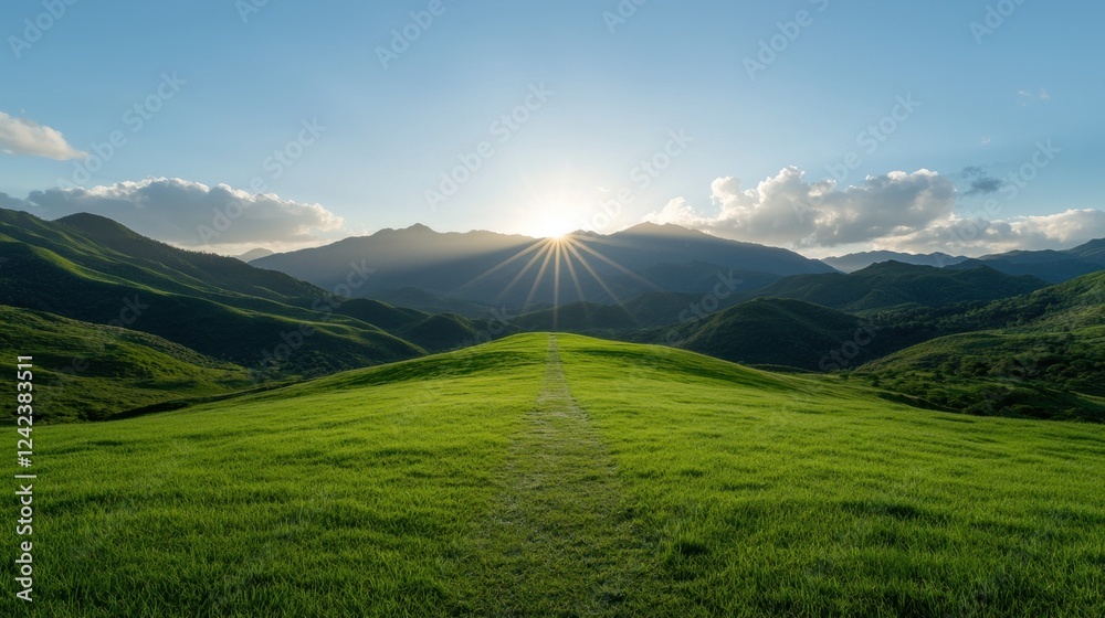 Fototapeta premium Majestic mountain sunrise over a grassy field