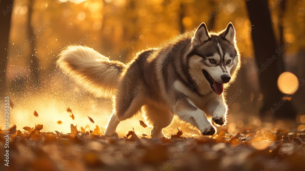 A playful husky running through autumn leaves in a sunlit forest. A playful husky running through autumn leaves in a sunlit forest.
