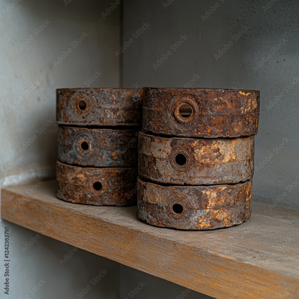 Rusty metal parts stacked on a wooden shelf Rusty metal parts stacked on a wooden shelf