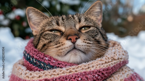 Wallpaper Mural Cozy cat wearing a knitted scarf in the snow Torontodigital.ca