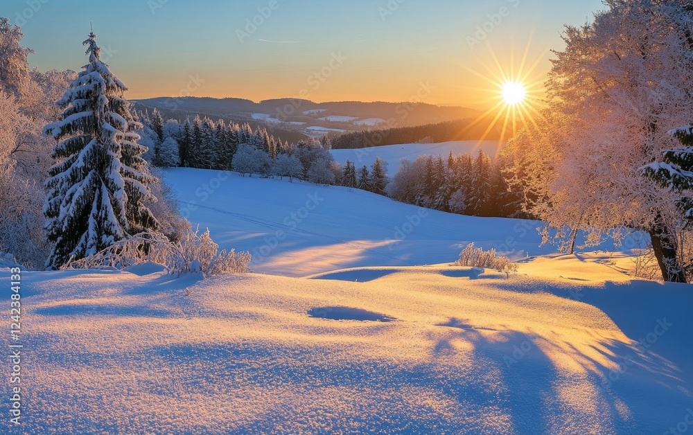 Snowy mountain sunset landscape, winter wonderland Snowy mountain sunset landscape, winter wonderland