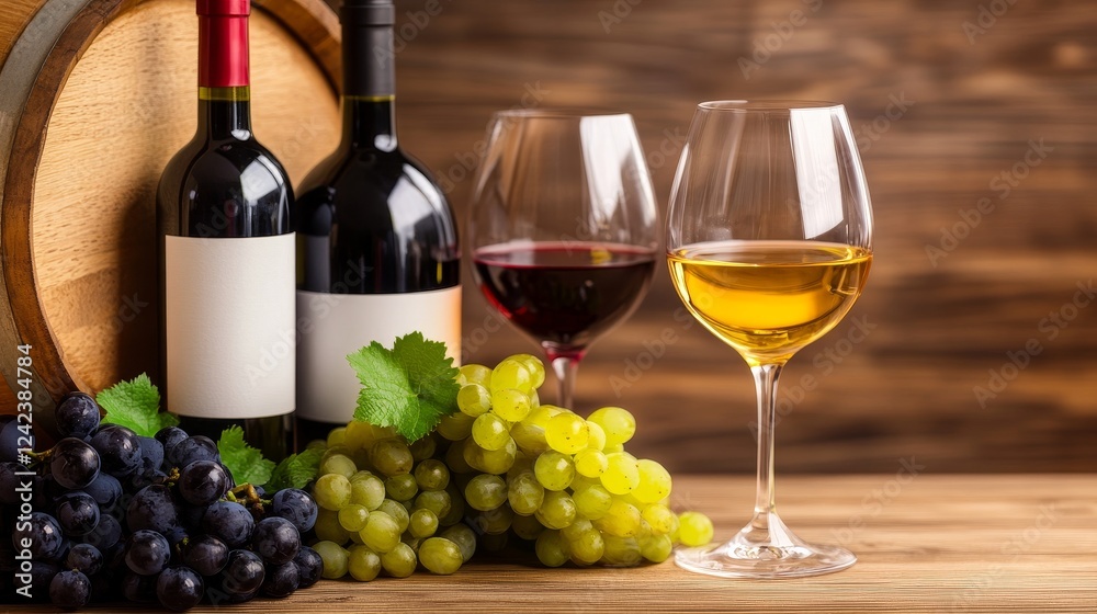 Fototapeta premium Elegant wine display featuring red and white bottle beside fresh grape and glasses on wooden table