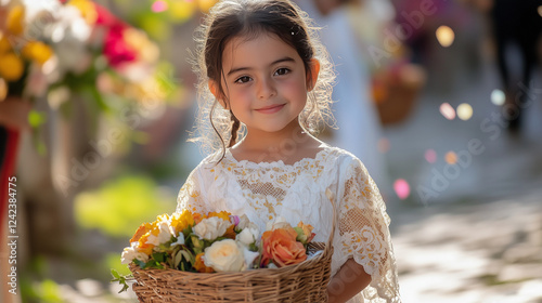 A young girl wearing a white dress with gold lace, carrying a basket of fresh flowers during the Flores de Mayo procession, Ai generated images