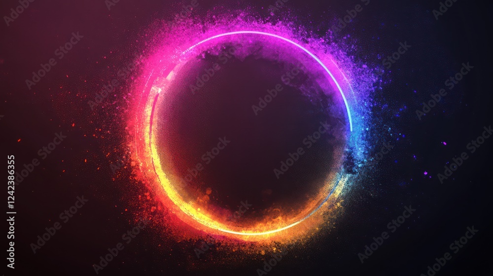 Obraz premium Glowing neon circle with vibrant particles.