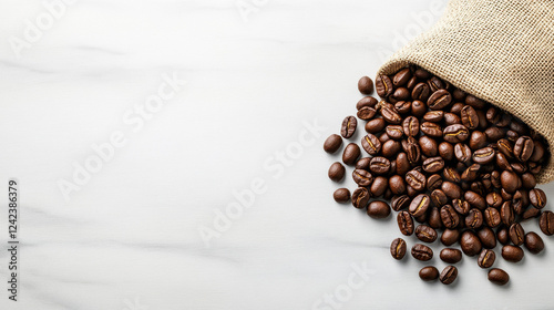 Fresh roasted coffee beans spilling from burlap sack on marble surface