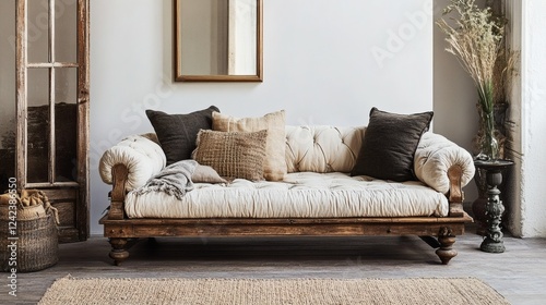 Rustic Wooden Daybed with Cream Cushions and Neutral Textiles in a Bright Room