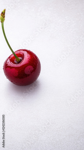 single cherry with stem, glistening with droplets on light background