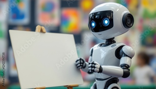 Futuristic robot painting in art classroom with colorful background