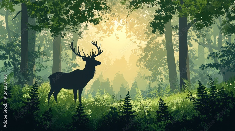 Fototapeta premium Majestic deer silhouetted in a sunlit forest clearing.